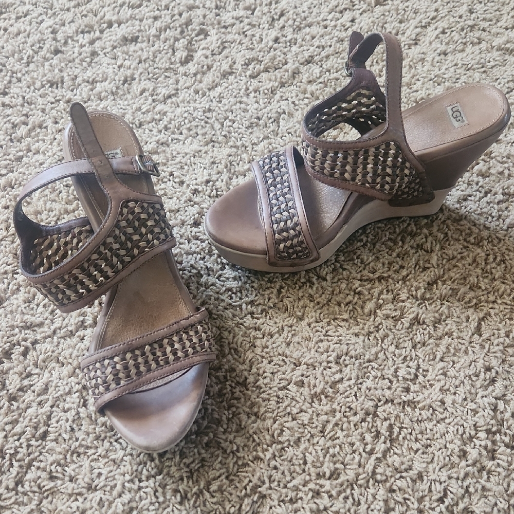 UGG Brown Woven Wedge Sandals